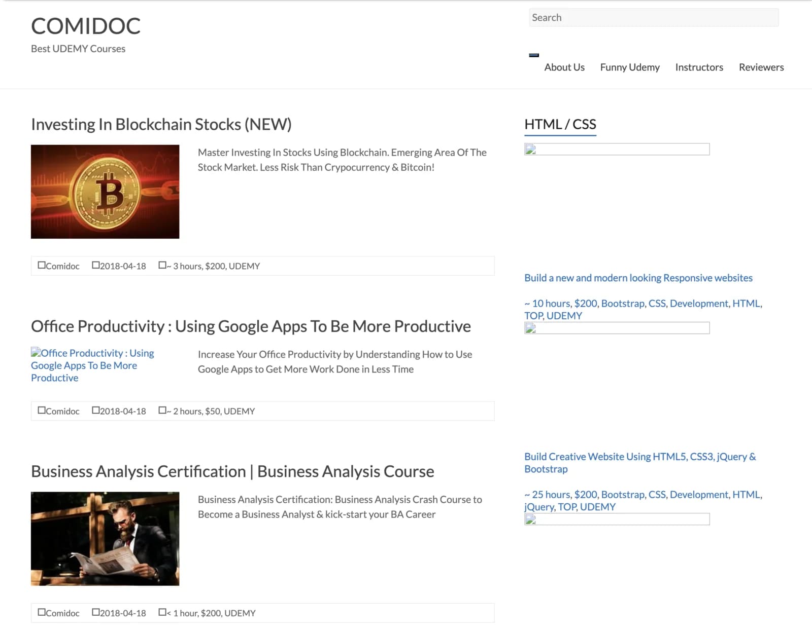 The original Comidoc WordPress website, launched in July 2017, showing Udemy course reviews and recommendations in a two-column layout