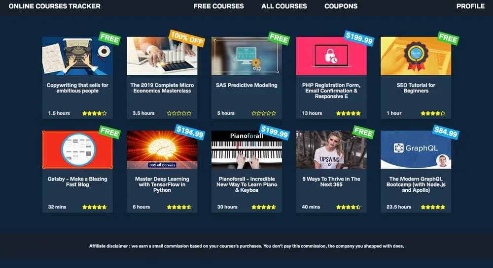 Comidoc 1.0 in 2018: dark interface titled Online Courses Tracker with course cards and free or discount badges