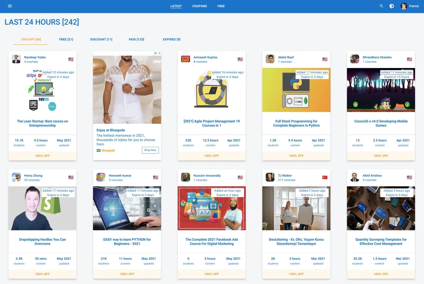 Comidoc 2.0 around 2021: a Last 24 Hours view with tabs for 100% off, free, discount, paid and expired coupons