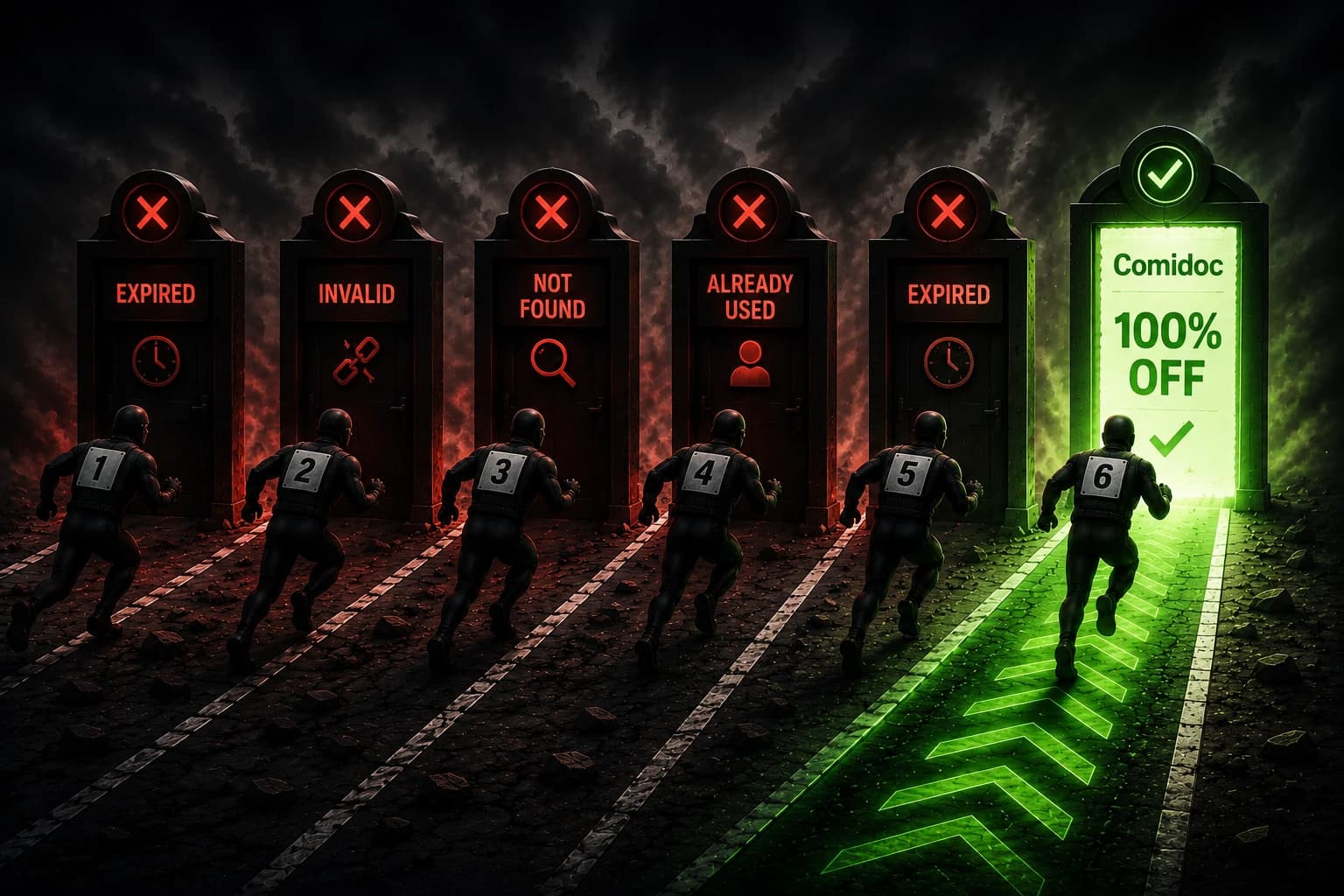 Six coupon hunters face five failed coupon doors and one successful Comidoc door
