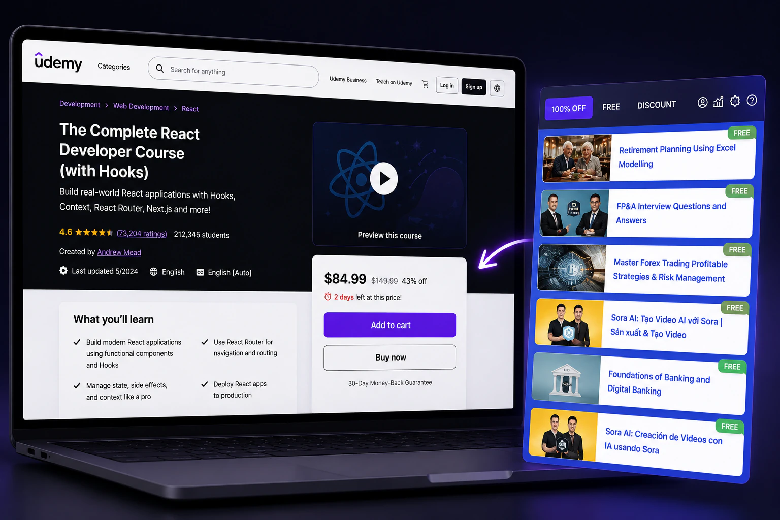 The Comidoc browser extension showing verified Udemy coupons beside a Udemy course page