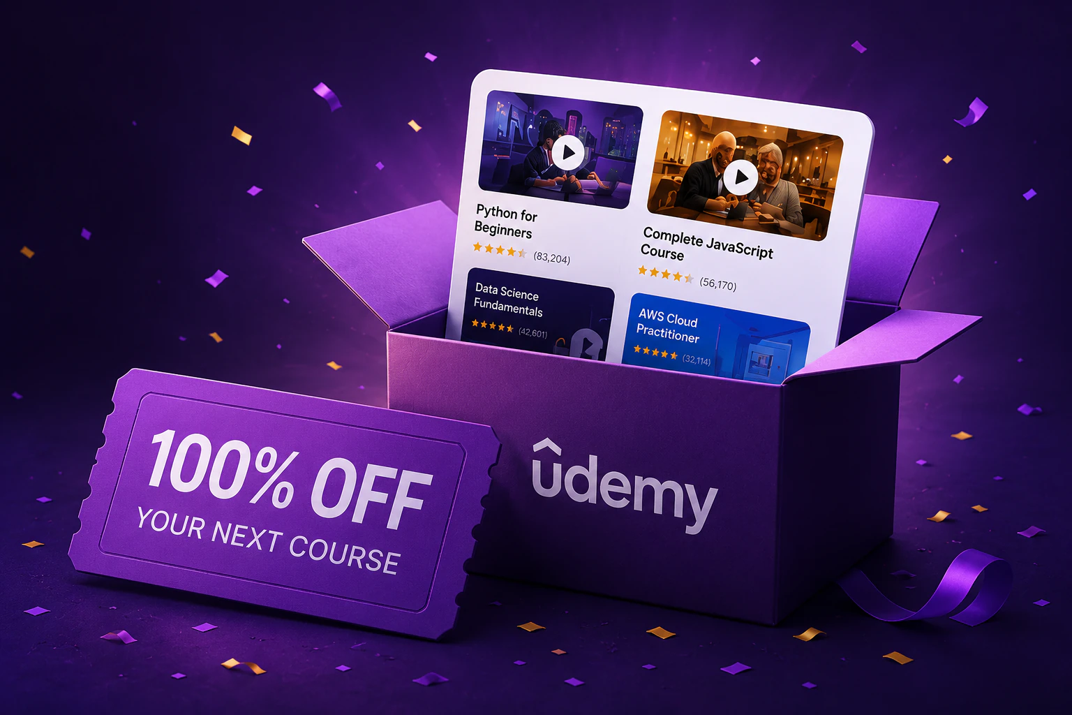 A 100% off Udemy coupon beside a purple gift box filled with online course cards