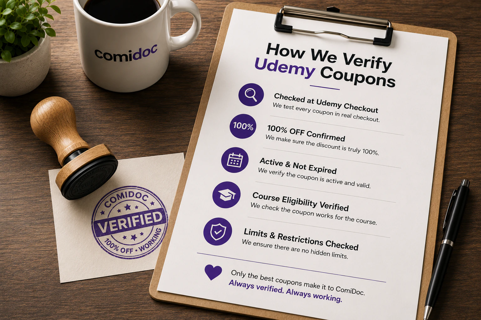 A Comidoc Verified stamp beside a five-step Udemy coupon verification checklist on a desk