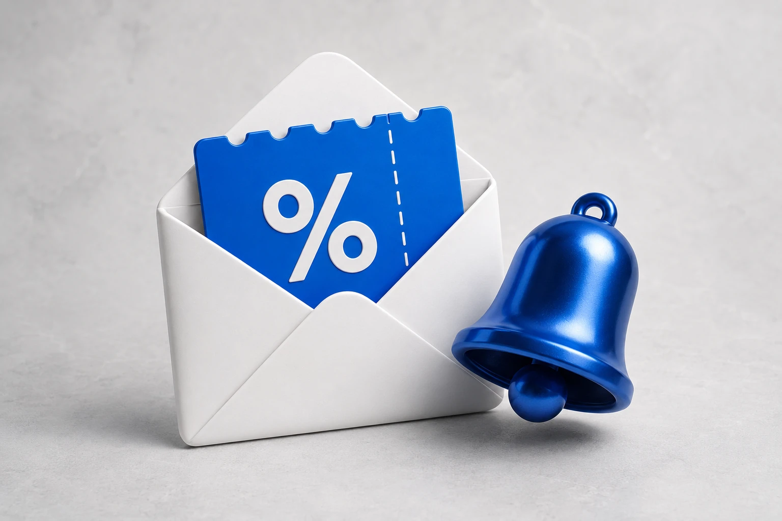 A blue discount coupon emerging from an envelope beside a notification bell