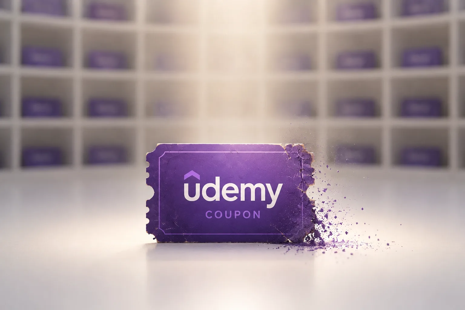 A worn purple Udemy coupon dissolving at the edge